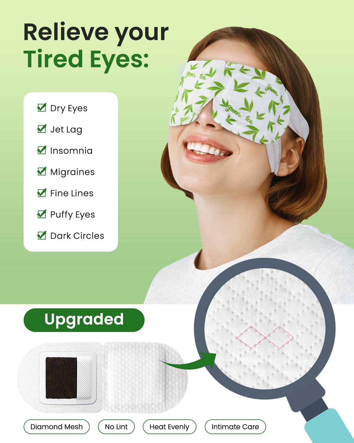 16-Pack Green Tea Steam Eye Masks – Antioxidant Warm Compress for Dry Eyes, Puffy Eyes & Fatigue | Self-Heating Disposable Travel Relaxation Set