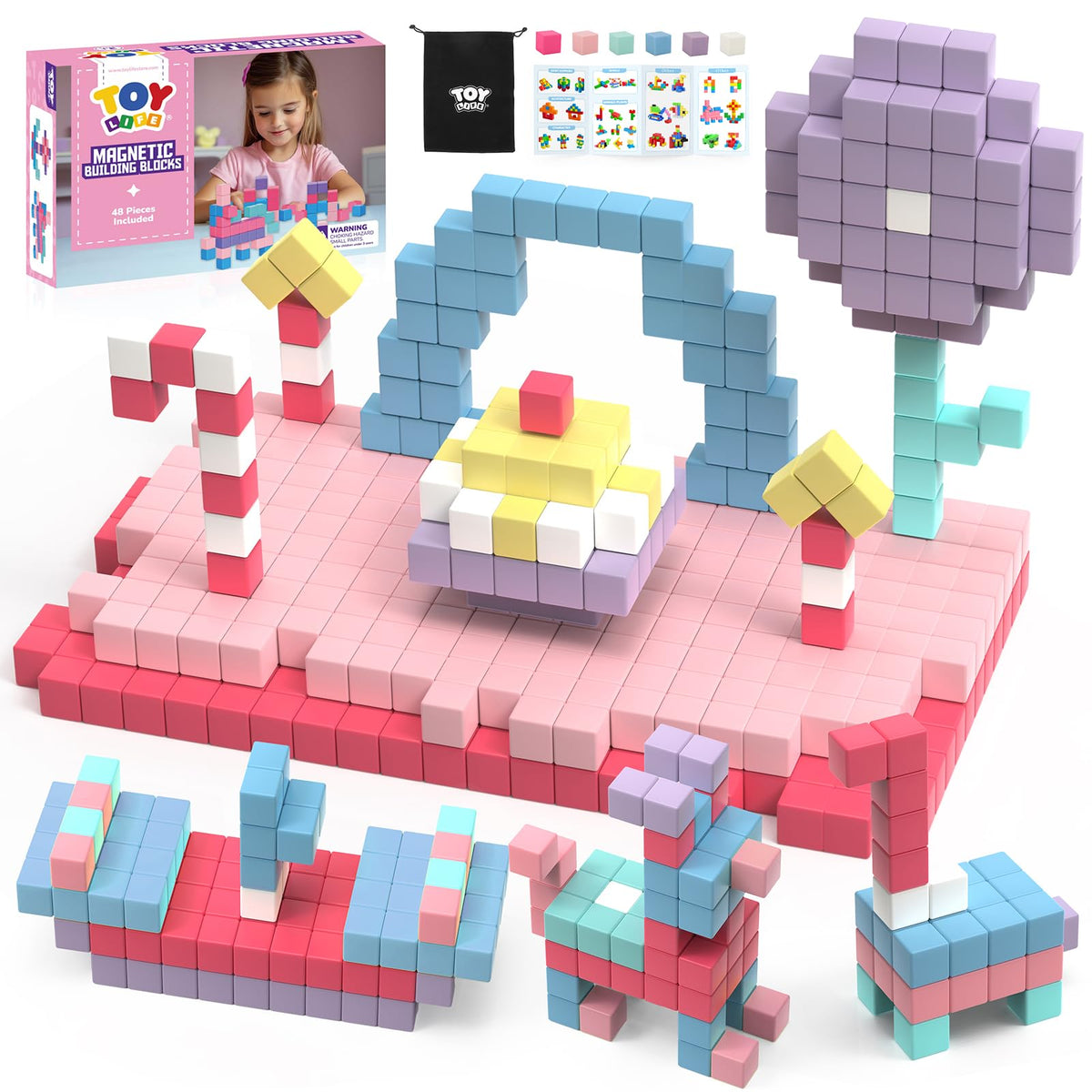 TOY Life Pastel Magnetic Blocks, 48-Piece STEM Set, Ages 3-8