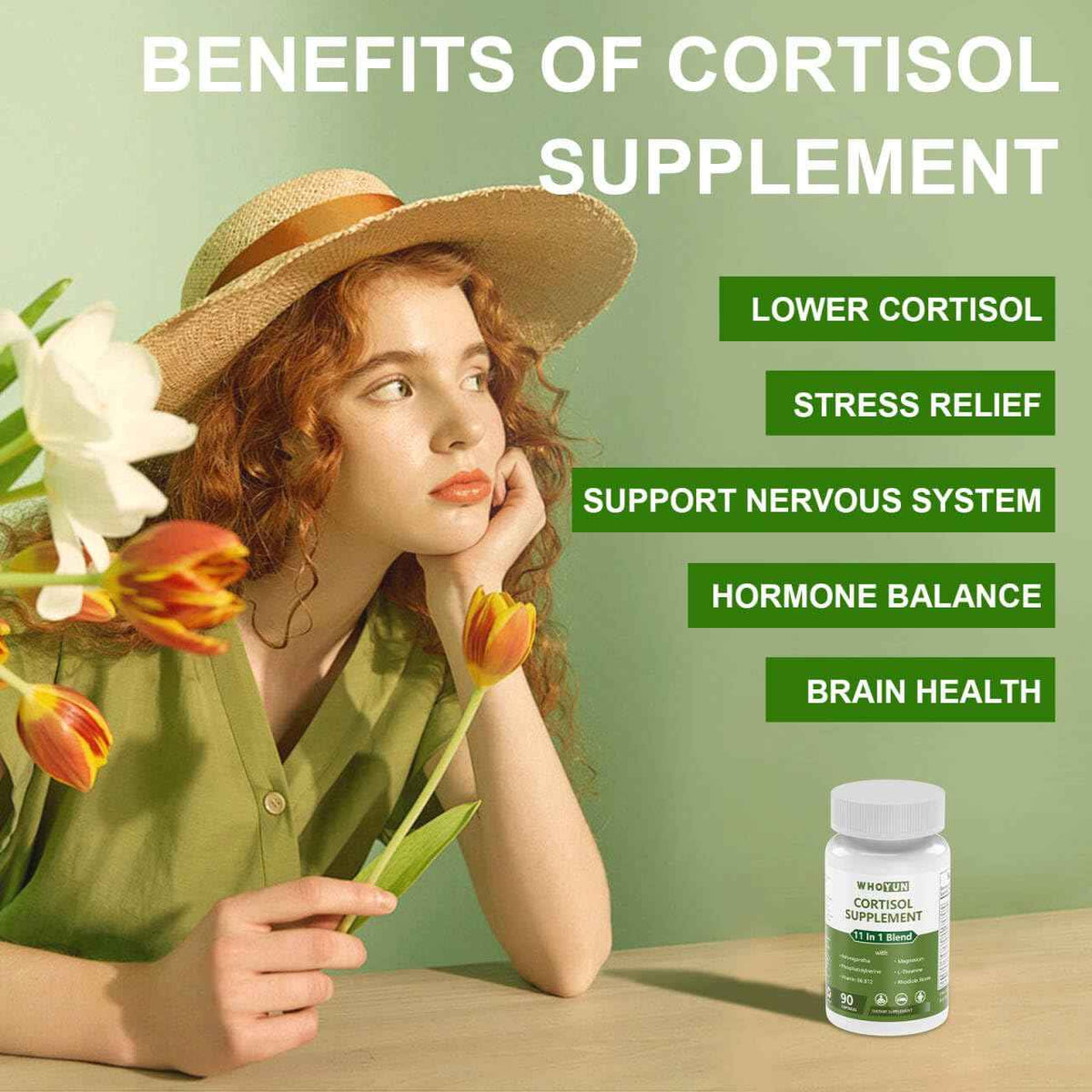 Whoyun Cortisol Supplement for Women, 11 in 1 Lower Cortisol Blend with Ashwagandha, Phosphatidylserine, Magnesium, L-Theanine, Vegan, 90 Capsules