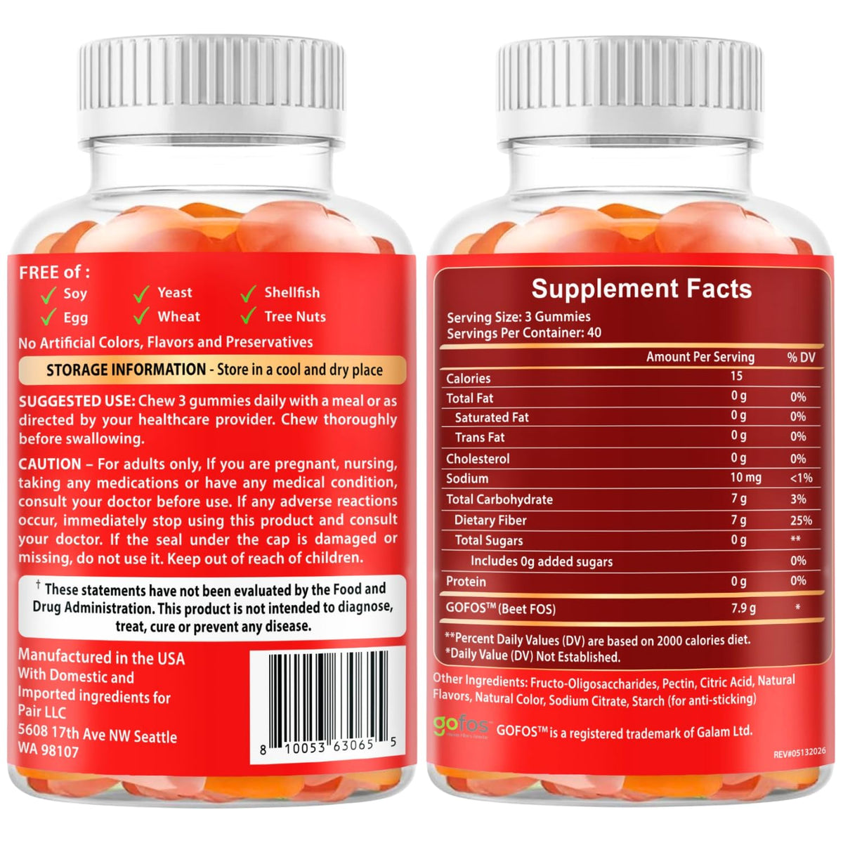 VITBOOST Prebiotic Fiber Gummies 7g – 120 Count – No Sugar Added, Vegan, Pectin-Based (No Gelatin), Non-GMO, Made in USA – Digestive & Gut Health Support
