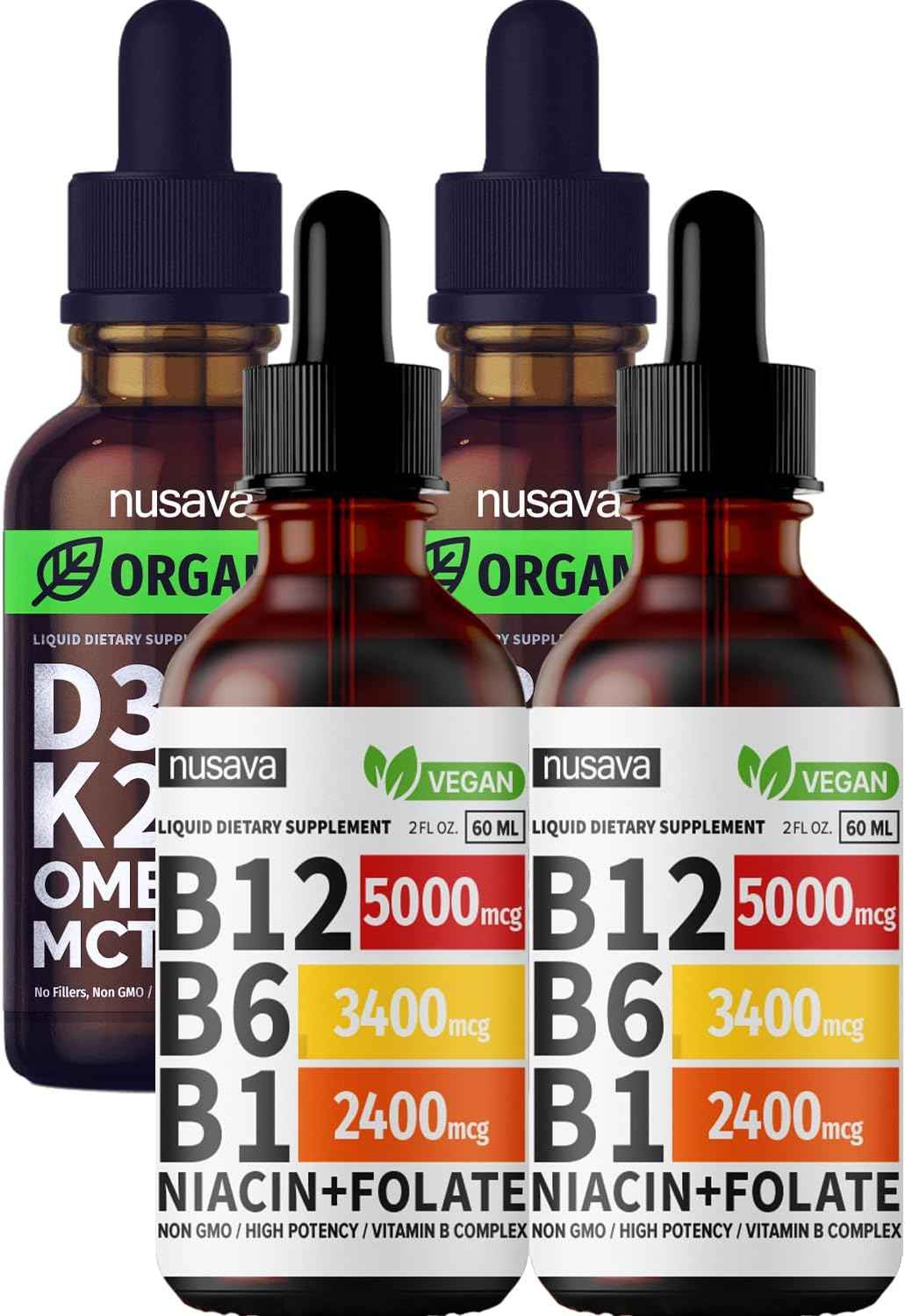 NUSAVA Vitamin B12 Liquid Drops and Unflavored D3 K2 Bundle - Daily Wellness Liquid Vitamins for Energy & Immune Support - Non-GMO, Gluten-Free, 2pk Each