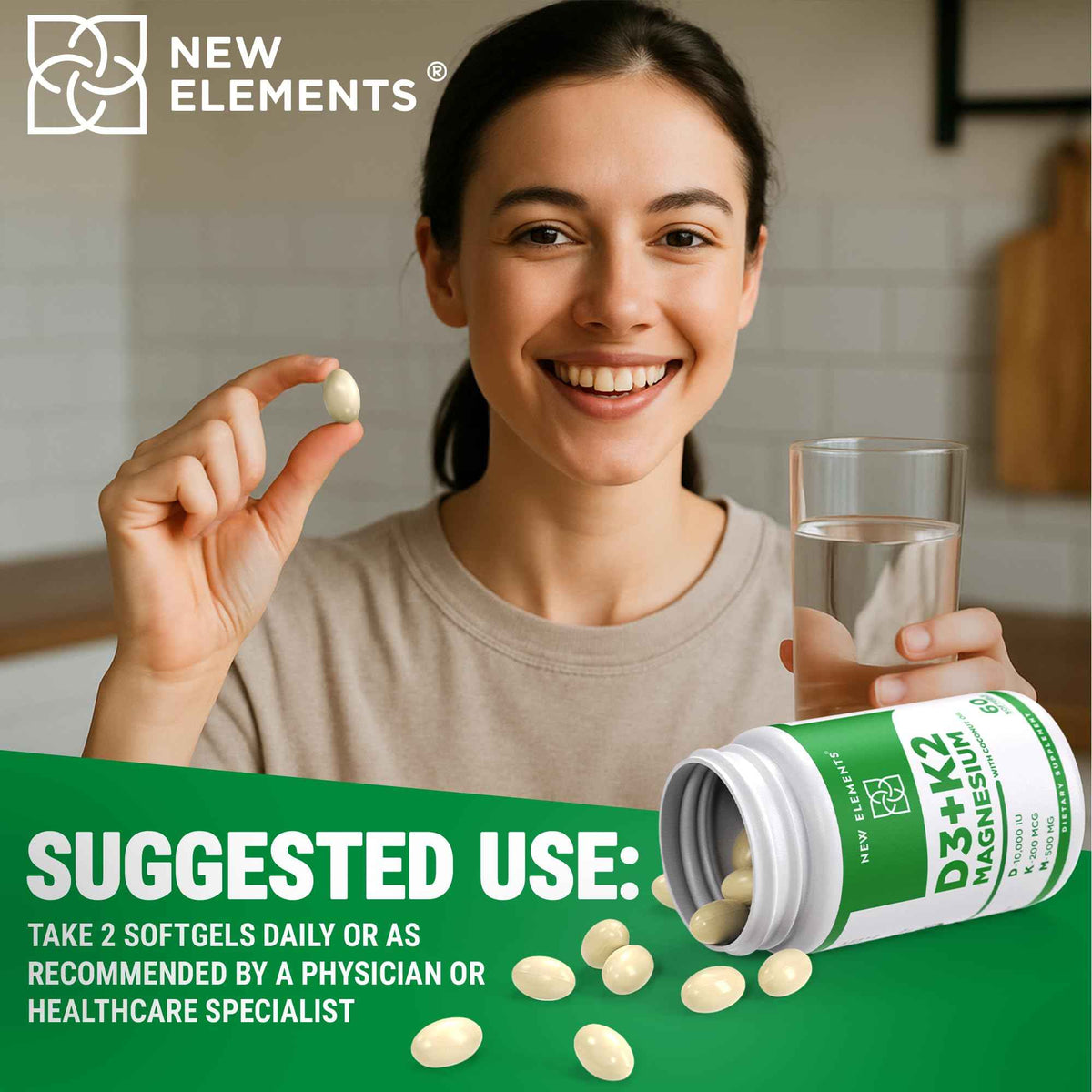 New Elements Vitamin D3 K2 10,000 IU with Magnesium Glycinate 500mg - Bone Health, Immune Support, Energy & Mood - Non-GMO, Gluten-Free