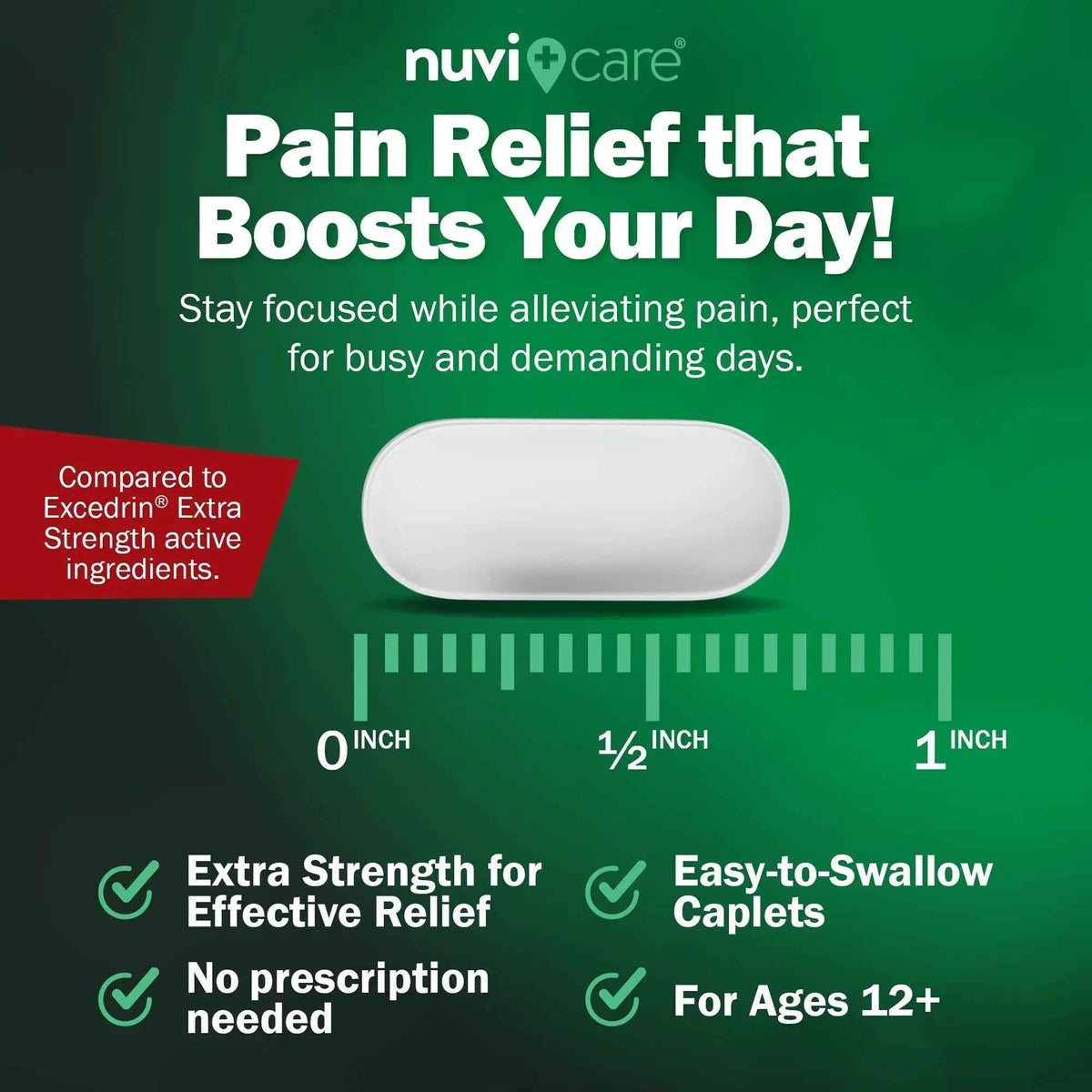 NUVICARE Headache Relief with Acetaminophen 250 mg, Aspirin (NSAID) 250 mg, Caffeine 65 mg - Temporary Relief of Minor Aches & Pains - Compare to Excedrin Extra Strength Pain Reliever (2 Pack)