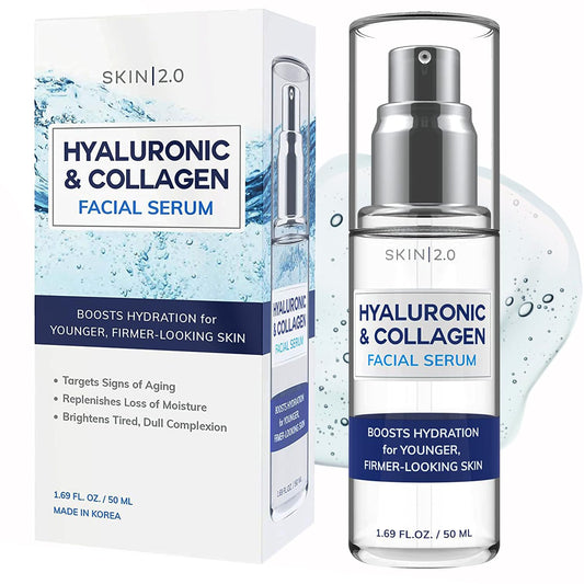 Skin 2.0 Hyaluronic Acid & Collagen Face Serum - Dermatologist Tested, Skin Tightening, Hydrating - Anti-Aging, Clean Beauty, Cruelty-Free Korean Skincare for All Skin Types - 1.69 Fl oz