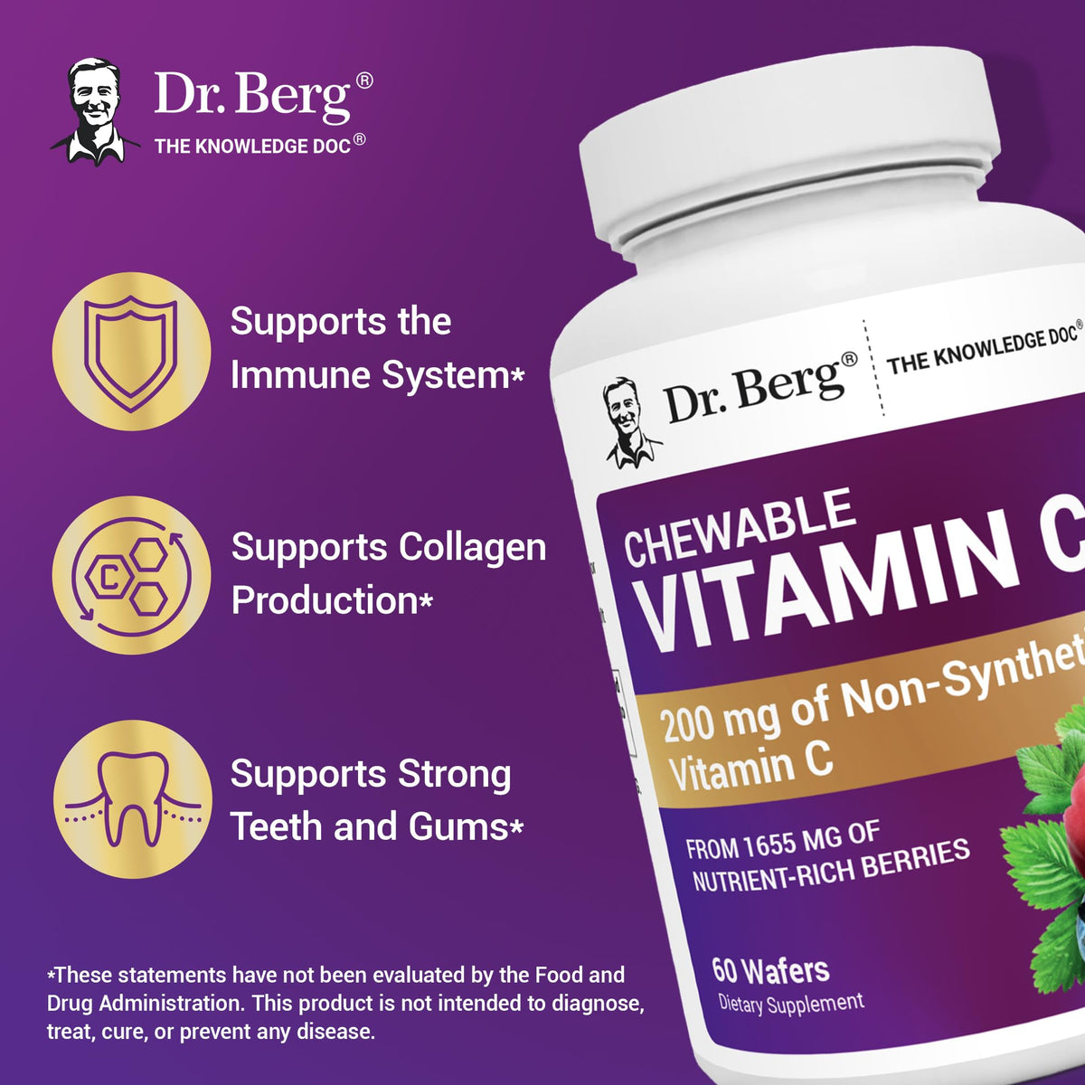 Dr. Berg Chewable Vitamin C Complex - Made with Organic, Non-GMO Berries - 60 Delicious Wafers