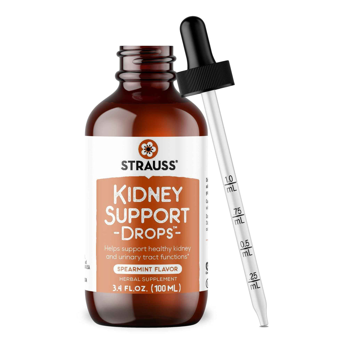 Strauss Naturals Kidney Support Drops - Herbal Kidney Support Supplement for Men and Women - Helps with Kidney Health and Urinary Tract Function - Vegan & Non-GMO - Spearmint Flavored - 100 ml Bottle