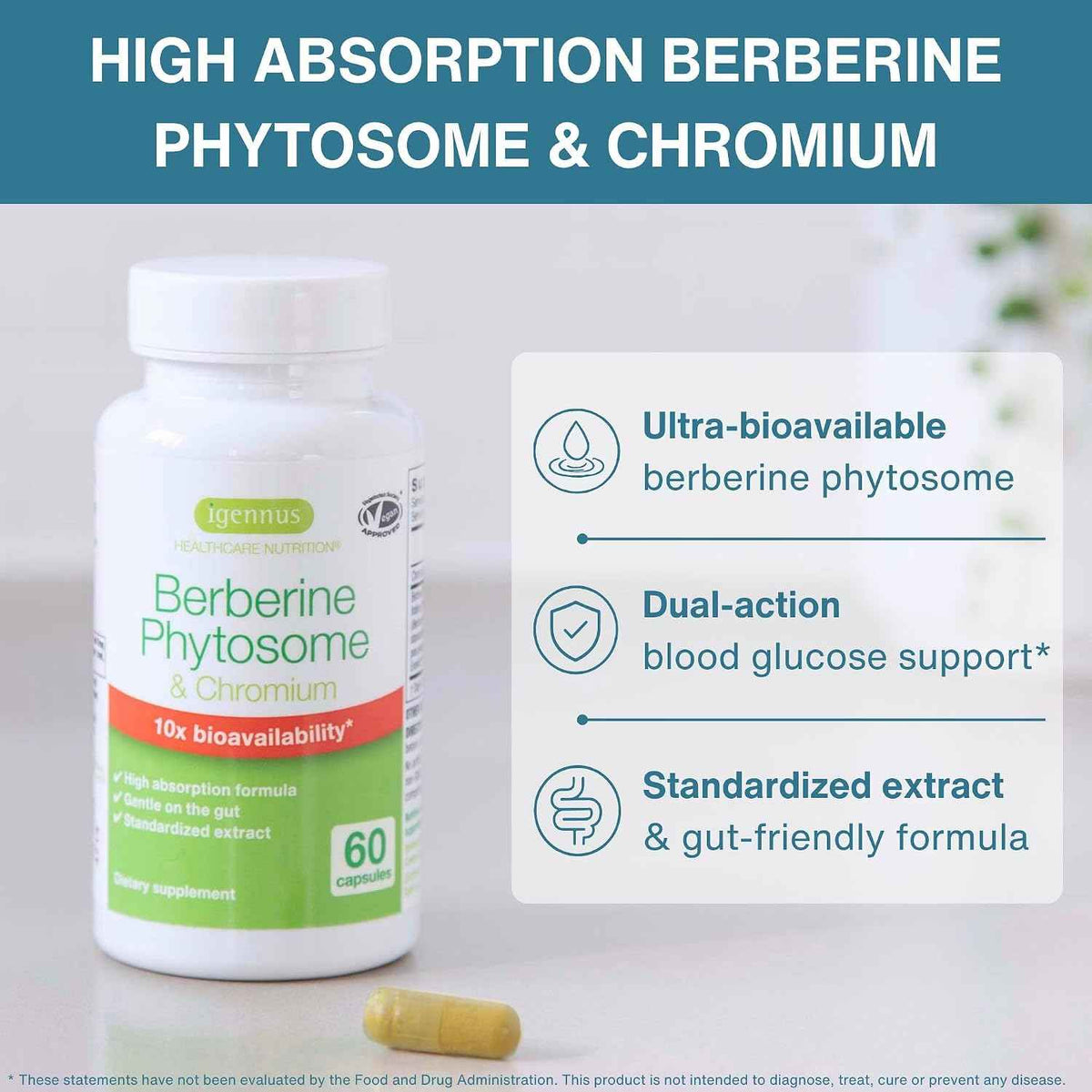 Igennus Dual Action Berberine Phytosome 550mg & Chromium Picolinate, 10x Absorption, Blood Glucose Control, Standardized Berberis Extract Supplement, Clean Label, Vegan, 60 Capsules