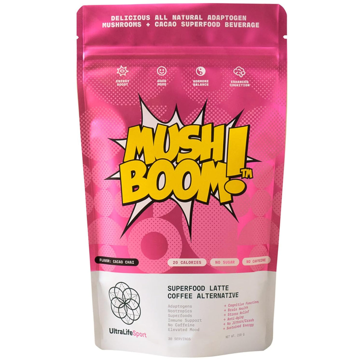 Ultra Life Sport - MushBoom Organic Mushroom Coffee Alternative Drink - 30 Servings 7 Mushroom Cacao Blend - Cordyceps, Lion’s Mane, Chaga, Maitake, Shiitake, Reishi & Turkey Tail - Caffeine Free