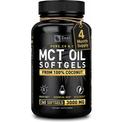 Pure MCT Oil Capsules (360 Softgels | 3000mg) 4 Month Supply Keto Pills w Unrefined Coconut - C10 & C8 Brain Fuel, Energy, Octane Ketosis