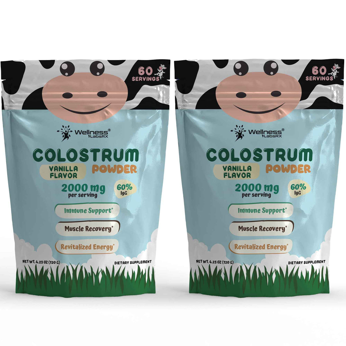 Colostrum Powder 2000mg - Vanilla Flavor, 60% IgG Bovine Colostrum Supplement for Gut Health, Immune Support, Clean Skin, Anti-Aging, Grass-Fed Calostro Bovino Powder, Keto, Gluten-Free - 60 Servings