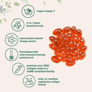Vegan Omega-7 Sea Buckthorn Oil, 240 Vegetarian Softgels - 2-in-1 with Evening Primrose Oil - Plant Based Botanical Oil Blend - Non-GMO, Gluten, & Carrageenan Free