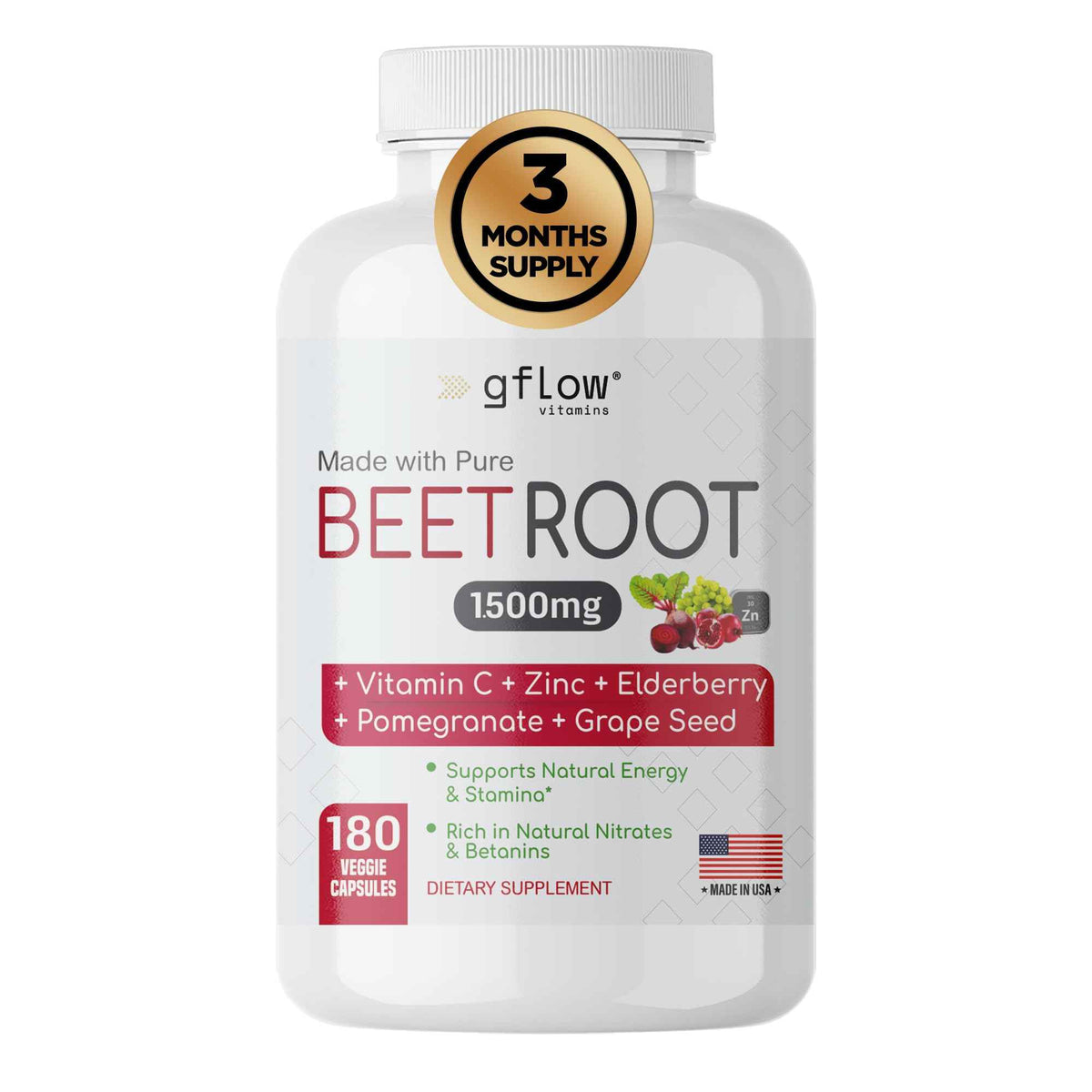 gflow vitamins Beet Root Capsules Organic - All Natural with Vitamin C and Zinc - Supports Heart Health & Stamina, Non-GMO, 180 Vegetarian Capsules - Made in USA