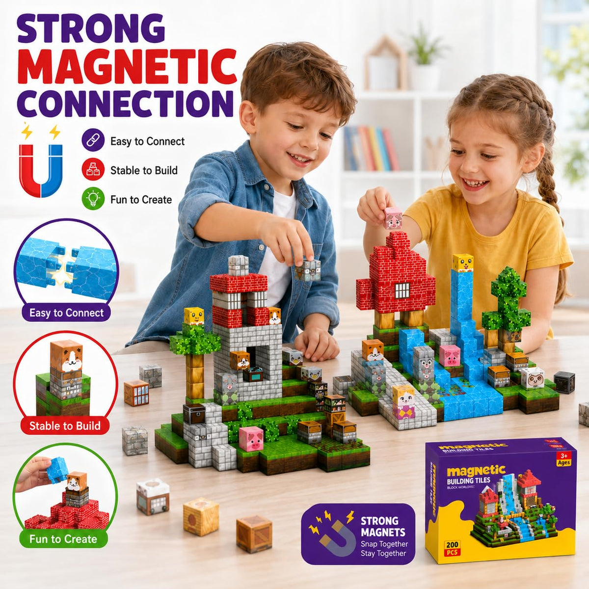 Magnetic Building Blocks 200PCS, 0.8in Stacking Cubes STEM Toy Kids Ages 3+