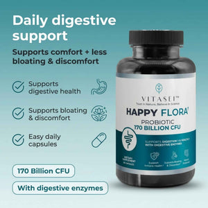VITASEI Happy Flora Probiotic Supplement – 170 Billion CFU with Digestive Enzymes for Gut Health – Metabolic Support for Women and Men – 60 Capsules 1-Month Supply