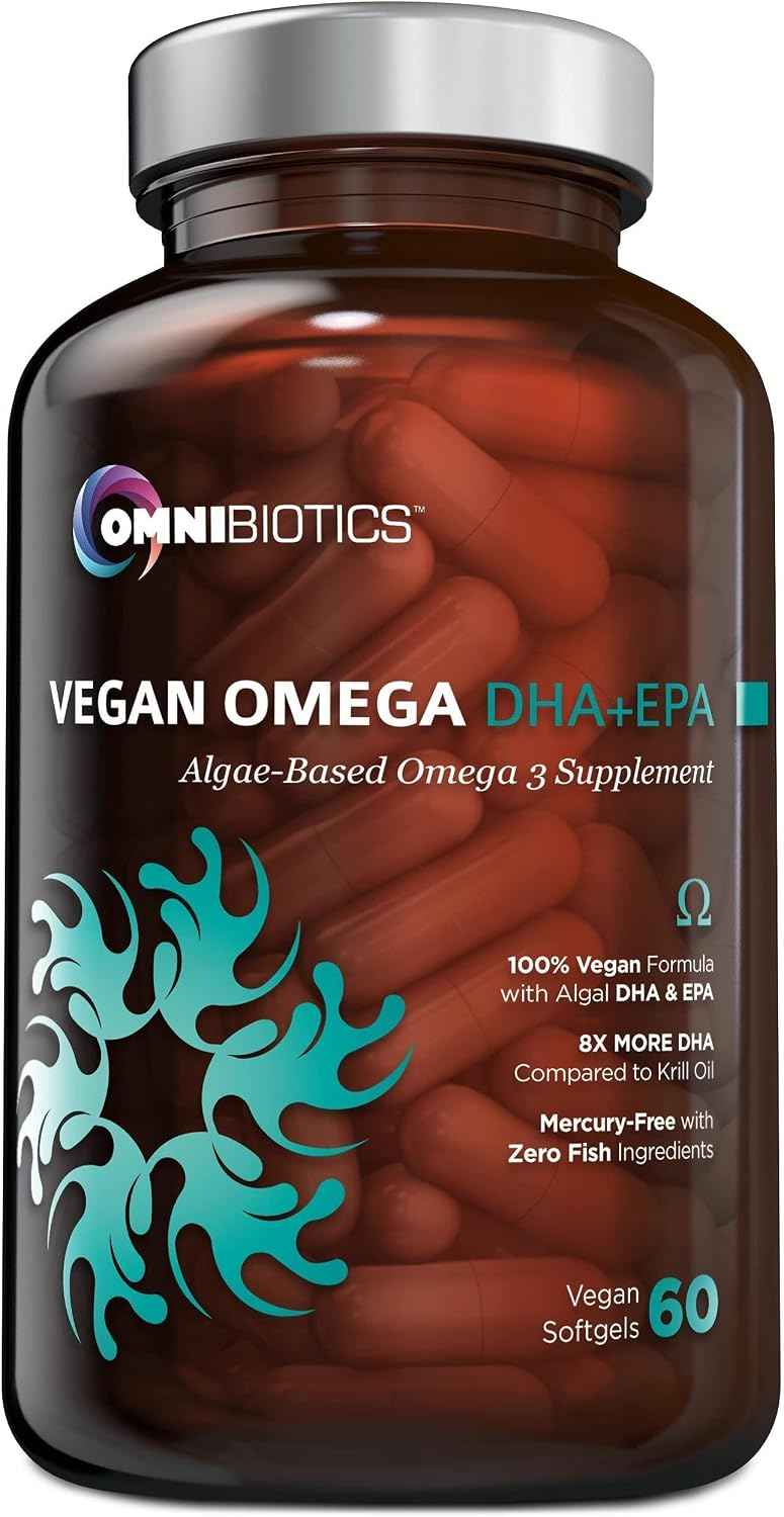 OmniBiotics Vegan Omega 3 DHA EPA Supplement - MD-Certified Prenatal Supplement with 8X More DHA Than Krill Oil, Fish-Free, Non-GMO - 60 Vegan Capsules
