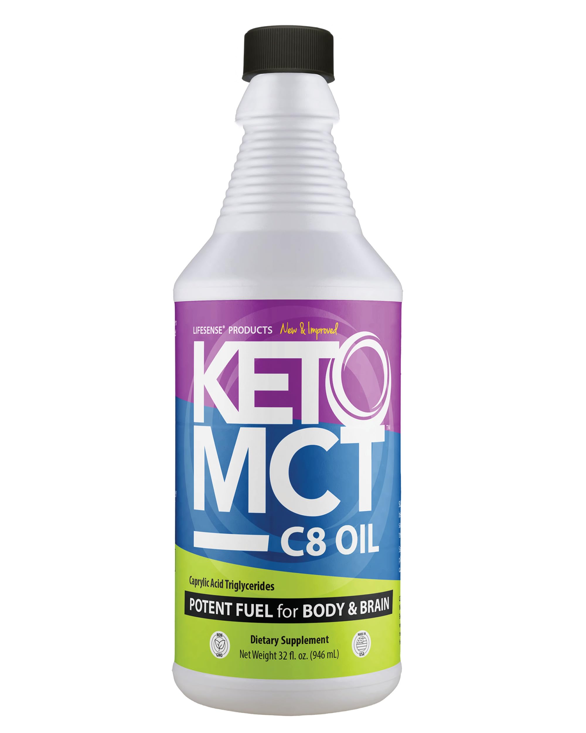 LifeSense C8 MCT Oil, Keto-Friendly, Sourced from Coconut Oil, Clinically Proven to Increase Ketone Production, Optimal Fuel for the Brain and Body, Made in USA by PhD Nutrition, 32 oz