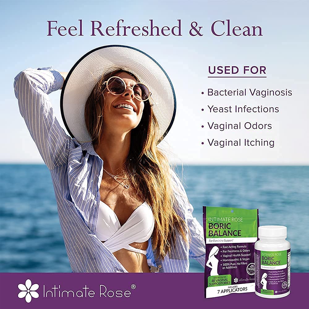 Intimate Rose Boric Acid Vaginal Suppositories - 30 Count (600mg) + 37 Applicators - Feminine Balance