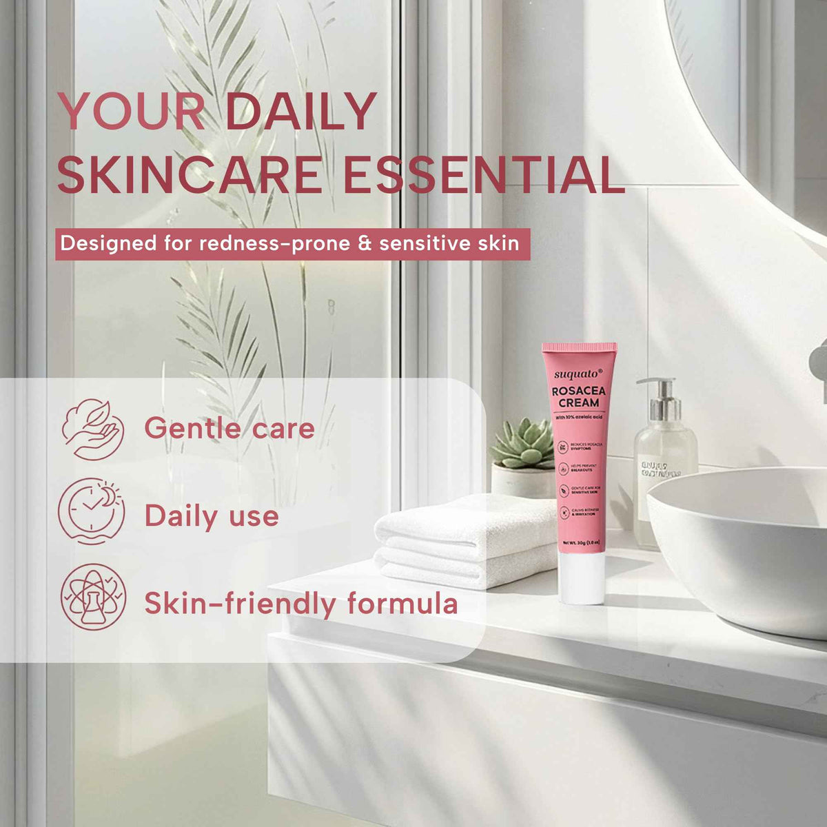 suquato 10% Azelaic Acid Cream - Rosacea Treatment for Face & Redness Reducing Face Cream - Redness & Blemish Care for Sensitive Skin