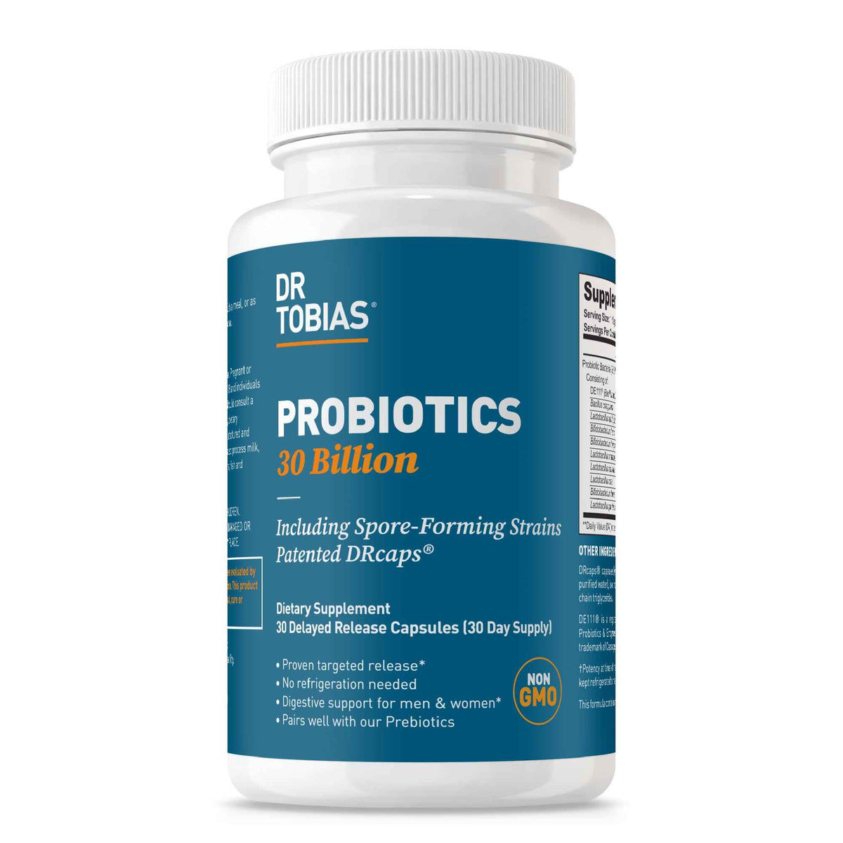 Dr. Tobias Probiotics 30 Billion, 10 Strains, 30 Billion CFU's, Targeted Release Probiotics for Women & Men, Supports Digestive Health, Shelf-Stable