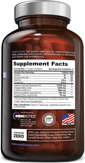 OmniBiotics Organic Evening Primrose Oil for Women - Clinical Strength 1500mg per Capsule, 10% GLA, Cold-Pressed, Non-GMO, Hormone Balance for Women - 120 Vegan Softgel Capsules