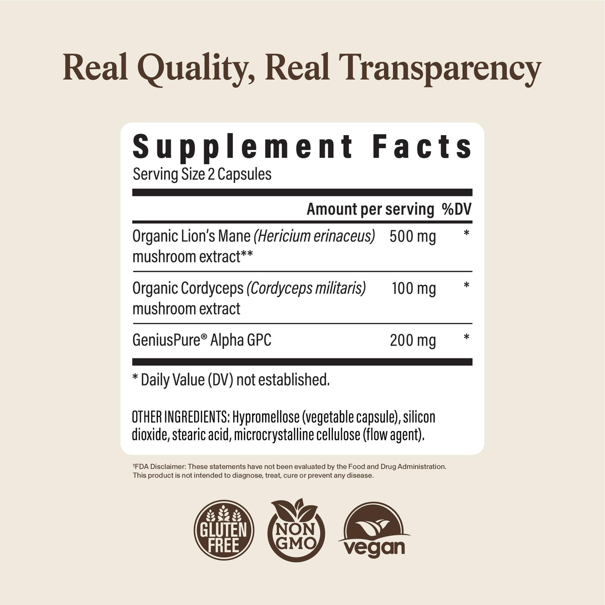 Real Mushrooms Lions Mane Mushroom Cognition (120 Capsules) Lions Mane Mushroom Powder Extract Capsules - Brain Supplement, Brain Vitamins, Focus Supplement