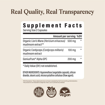 Real Mushrooms Lions Mane Mushroom Cognition (120 Capsules) Lions Mane Mushroom Powder Extract Capsules - Brain Supplement, Brain Vitamins, Focus Supplement
