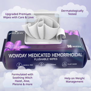 Wowday Flushable Hemorrhoid Wipes | Maximum Strength Witch Hazel Wipes | 56 Count Fragrance Free Adult Hemorrhoids Medicated Witch Hazels Wipe for Butt Hemorrhoidal Itch WowDayBuy Supplements Australia