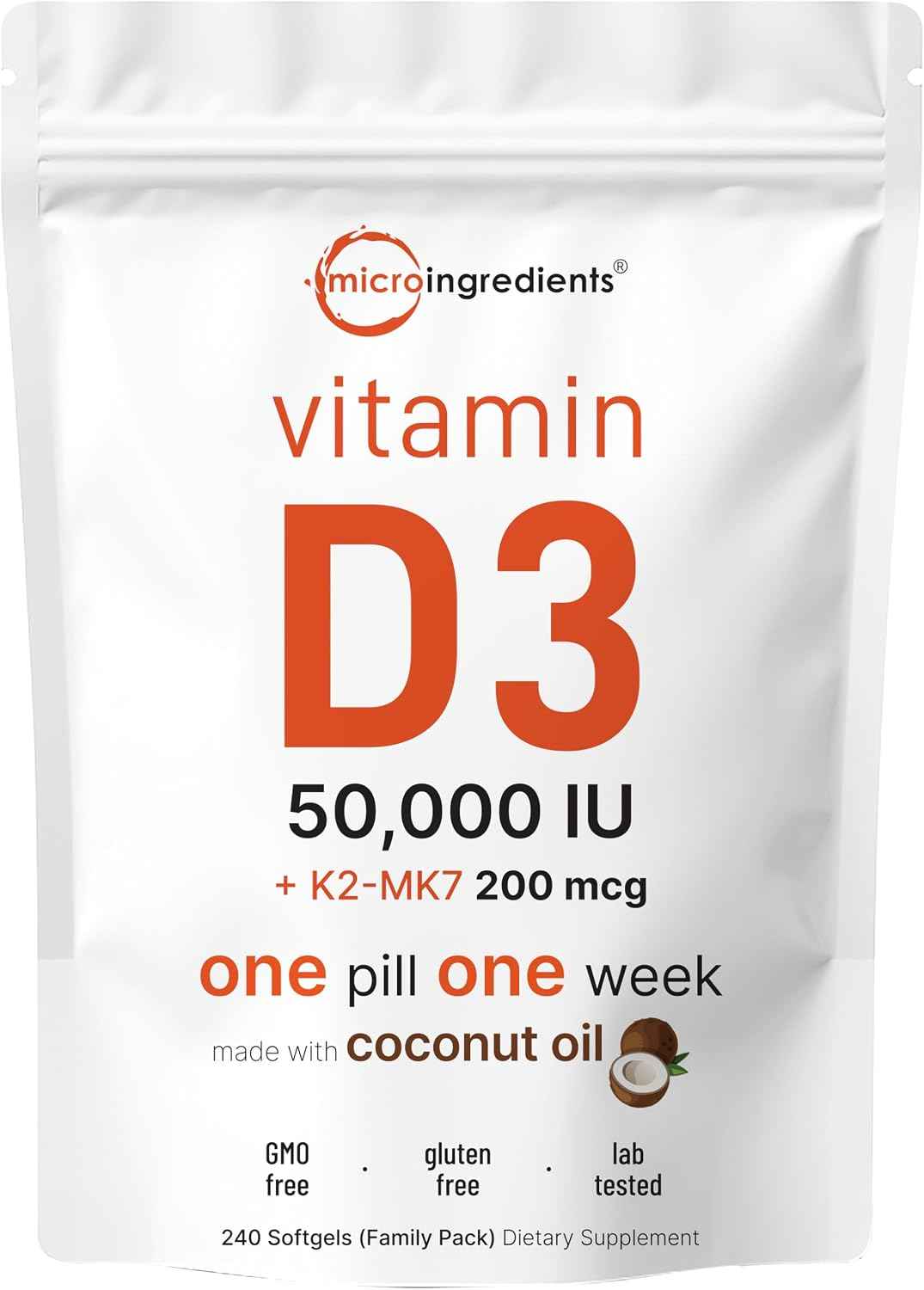 Micro Ingredients Vitamin D3 50,000 IU + K2 MK-7 200 mcg, 240 Softgels - Virgin Coconut Oil - 2-in-1 Support - Easy to Swallow, Non-GMO