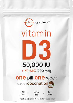 Micro Ingredients Vitamin D3 50,000 IU + K2 MK-7 200 mcg, 240 Softgels - Virgin Coconut Oil - 2-in-1 Support - Easy to Swallow, Non-GMO