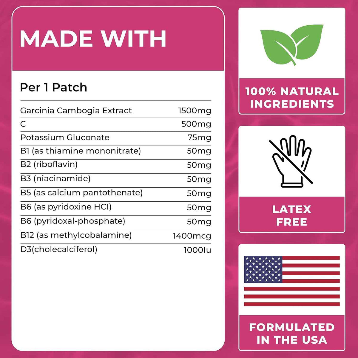 Garcinia Cambogia Patches (Pack of 60) - 100% Natural Patch for Women - For Women and Men, With B12 & Potassium, Energy, Focus & Body Support, Enhanced Formula