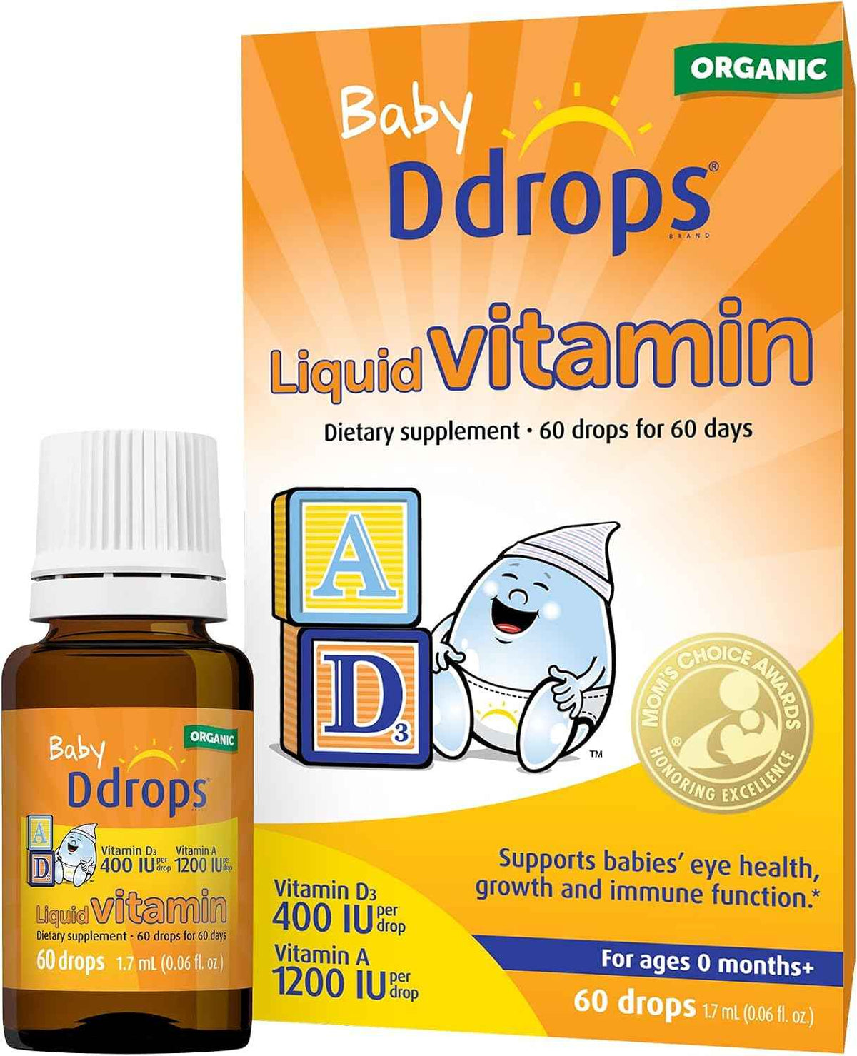Ddrops Baby Organic Liquid Vitamins A&D Drops for Infants, 60 Drops. Supports Babies’ Eye Health, Bone Development and Immune Function. Certified Organic, Non-GMOs, Allergy-Friendly