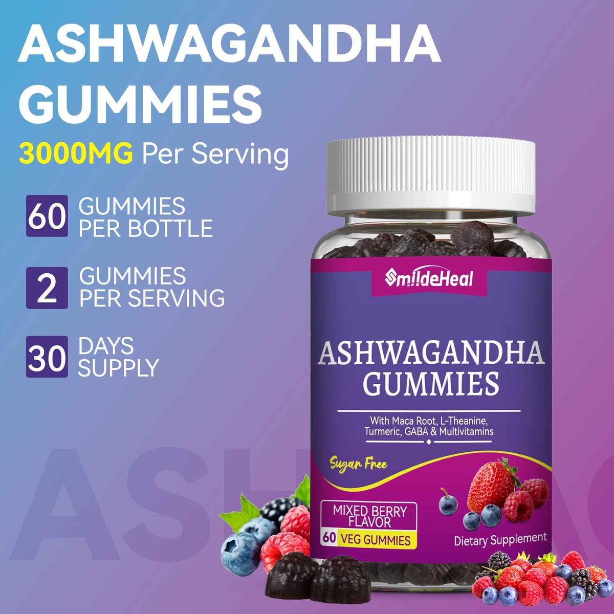 Ashwagandha Gummies 3000mg for Calm & Stress Relief, 60 Count, Vegan - Ashwagandha High Strength Root Extract Supplement with L-Theanine, Trumeric, D3 for Women & Men - Natural Mixed Berry Flavor