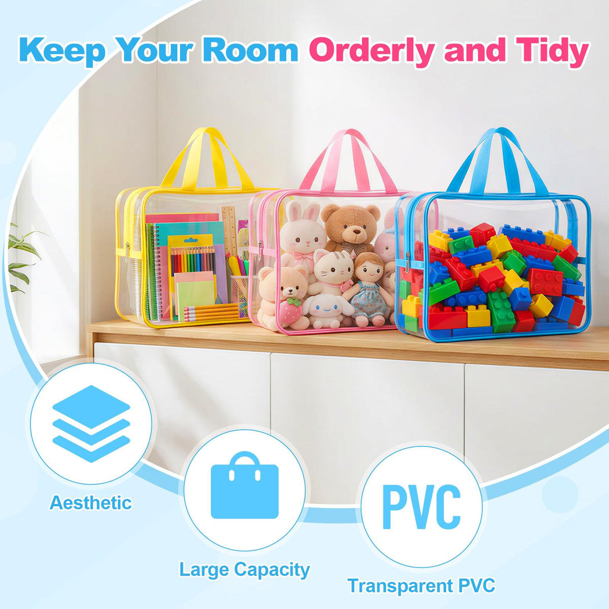 Etbndta 8 Pack Clear Toy Storage Bags with Zipper, Large Capacity PVC Plastic Toy Organizers and Storage for Puzzles, Lego Blocks, Board Game, Magnatiles, Stackable Bags with Labels for Home, Travel