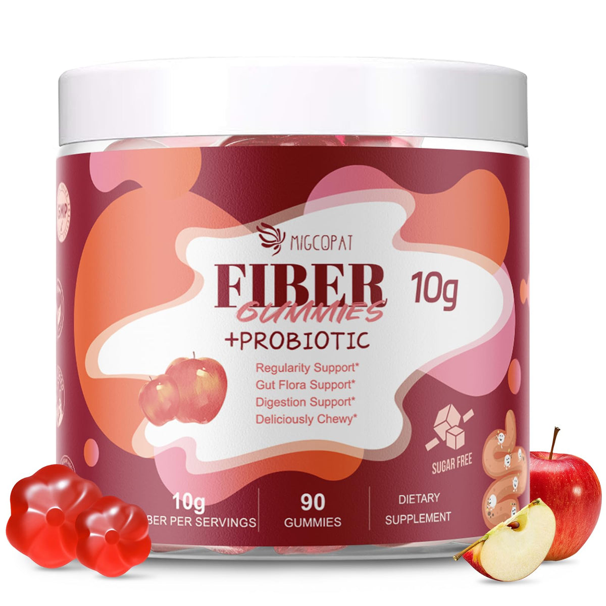 Migcopat Fiber Gummies with Probiotics,10G Fiber per Serving No Sugar Added Apple Flavor, with 10 Billion CFU Probiotics Blend, Apple Cider Vinegar, Vitamin C, Inulin, Bloating Support 90 Count