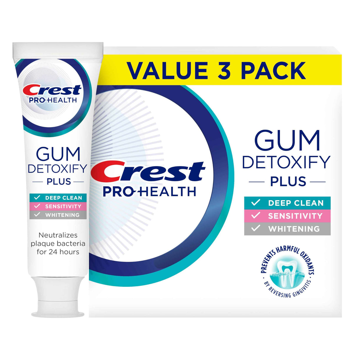 Crest Pro-Health Gum Detoxify Plus Toothpaste 4.5 oz Pack of 3 - Antibacterial Fluoride Toothpaste, Sensitivity Protection