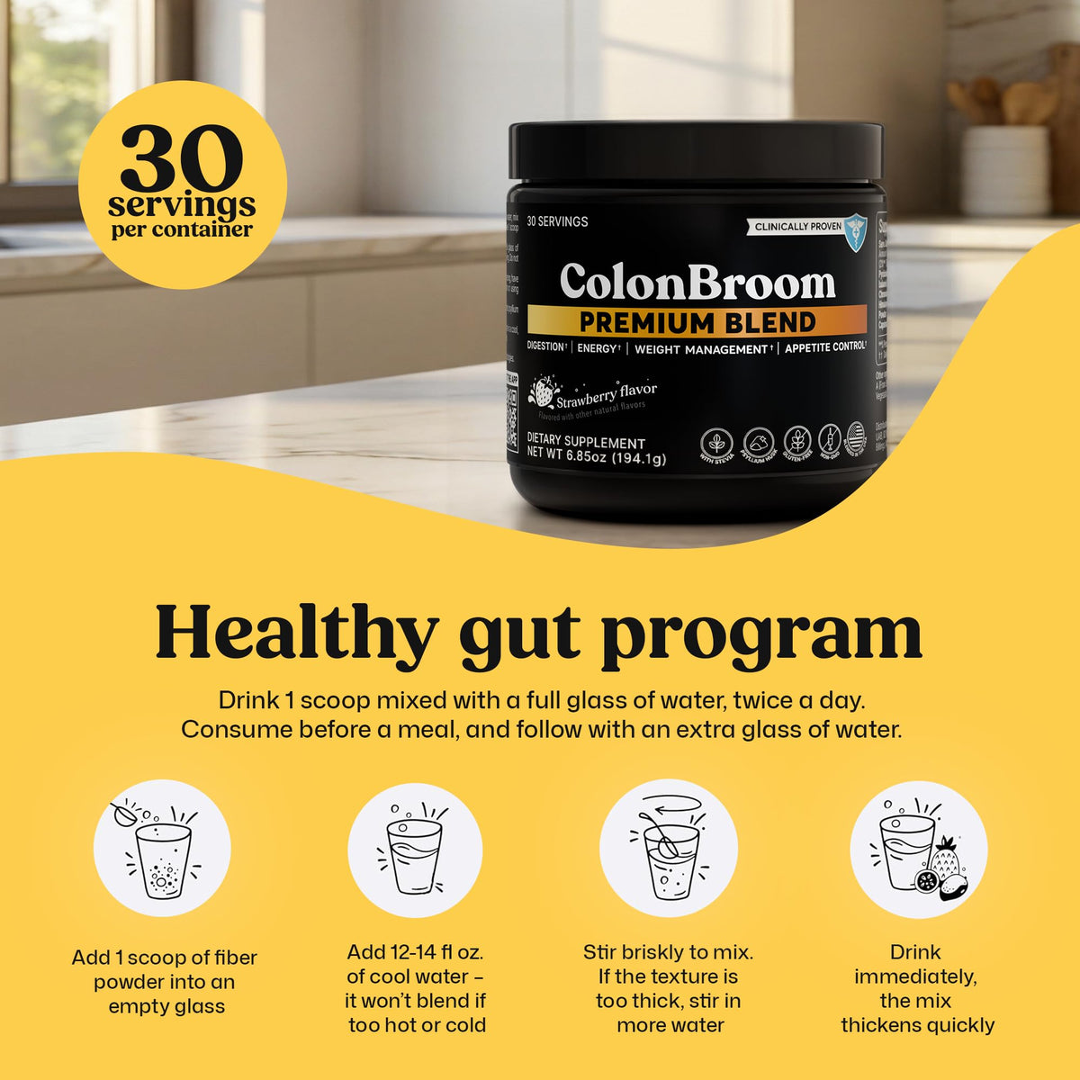 ColonBroom Premium Weight Management Supplement (Strawberry, 30 Servings) - Colon Broom Psyllium Husk Fiber Powder Drink - Gluten Free, Non-GMO Colon Cleanse for Bloating Relief & Gut Health