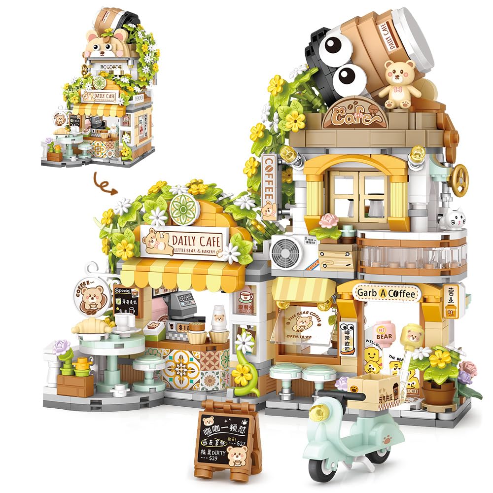 MindBox City Cafe Building Blocks Toys, Openable Coffee Shop Building Set for Boys Girls Age 8+,1077pcs Mini Bricks (Green)