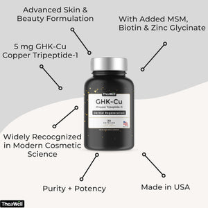 TheaWell GHK-Cu Copper Tripeptide-1, 5mg with MSM, Biotin, Zinc, Bioperine Black Pepper Extract, Dermal Regeneration, Hair Skin and Nails Support, 30 Vegan Capsules, Made in USA TheaWellBuy Supplements Australia