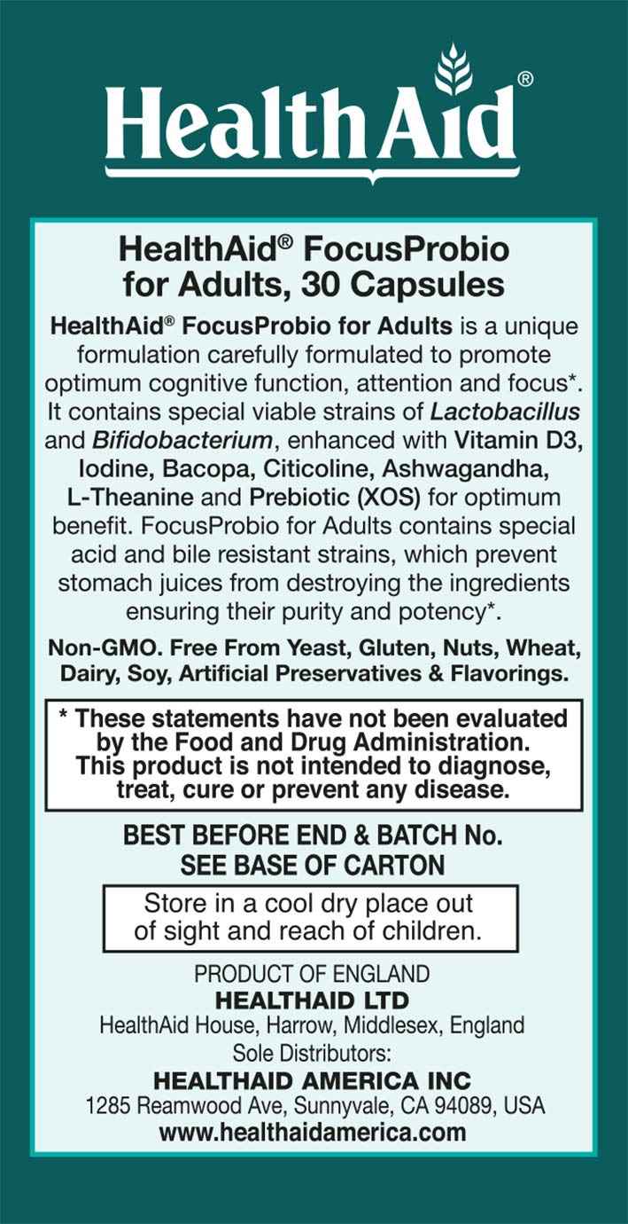 FocusProbio for Adults - 10 Billion CFU Probiotic with Prebiotic, Bacopa, Citicoline, L‑Theanine, Ashwagandha & Vitamin D₃ - Supports Focus, Mood & Gut-Brain Balance - Vegetarian, Once Daily