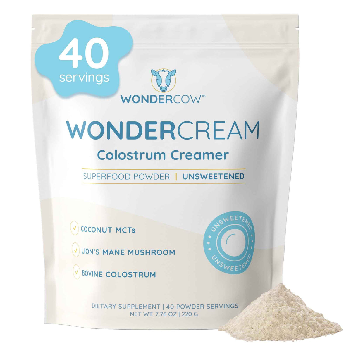 WONDERCOW Bovine Colostrum Superfood Creamer Supplement Powder w/Organic Lions Mane Mushroom & Coconut Milk Powder MCTs - Functional Sugar Free Keto Coffee, Smoothie & Drink Mix Unsweetened