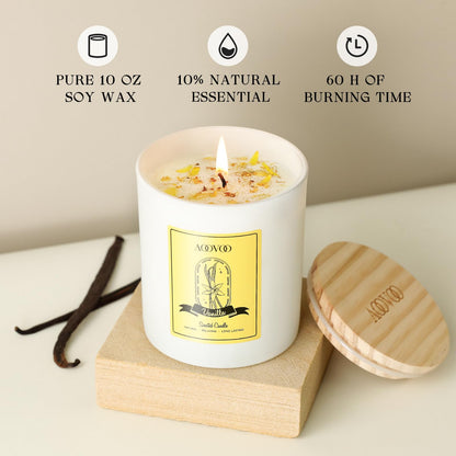 Vanilla Soy Candles Gift for Women - Aromatherapy Candle with Crystals Inside, 10oz Natural Soy Wax Candles