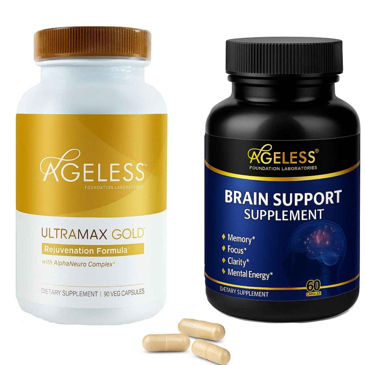 Ageless Anti-Aging & Brain Health - UltraMAX Gold HGH Capsules + Nootropic Brain Supplement for Memory, Focus, Immune Support & Restful Sleep - 90 + 60 Capsules