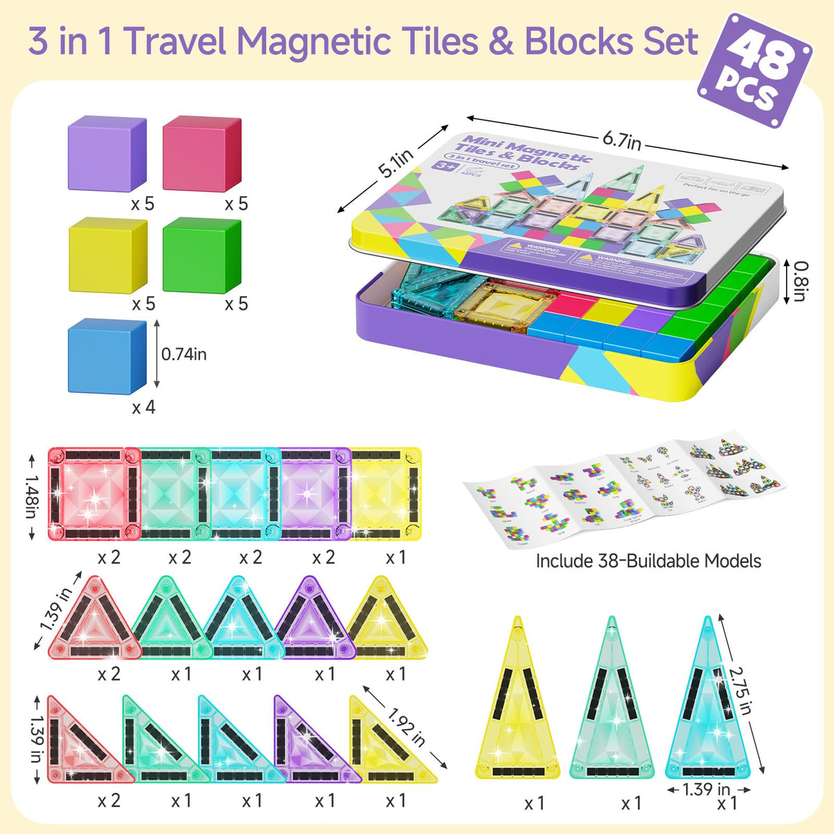 burgmate Mini Magnetic Blocks Travel Set: 48 Pieces 3 in 1 Magnetic Tiles Set with an Ultra-Light Tin Box for On the Go, 60 Mins Focus 45s Cleanup - Boys Girls Air Travel Ages 3-8