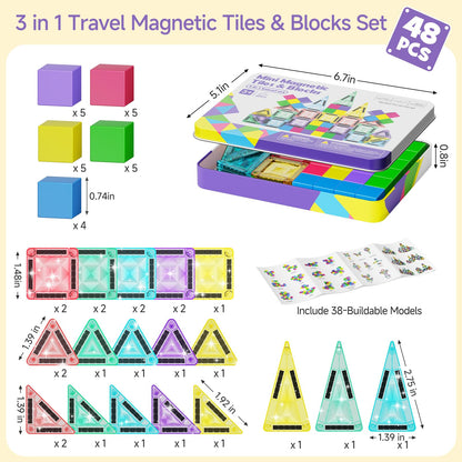 burgmate Mini Magnetic Blocks Travel Set: 48 Pieces 3 in 1 Magnetic Tiles Set with an Ultra-Light Tin Box for On the Go, 60 Mins Focus 45s Cleanup - Boys Girls Air Travel Ages 3-8