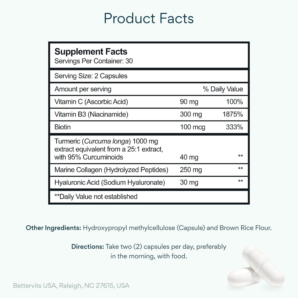 supplement products​Bettervits Niacinamide Supplement with Vitamin B3, Marine Collagen & Hyaluronic Acid | High-Strength Vitamin B3 Capsules 300 mg. with Turmeric for Energy Metabolism & Skin Support - 60 Capsules - JerryCherryUSA