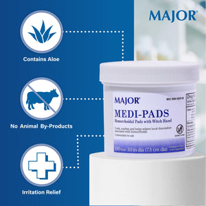 MAJOR Medi-Pads - Hemorrhoidal Hygienic Cleansing Witch Hazel Pads - Cooling Relief with Aloe - 100 Count Jar (3 Pack) MAJORBuy Supplements Australia