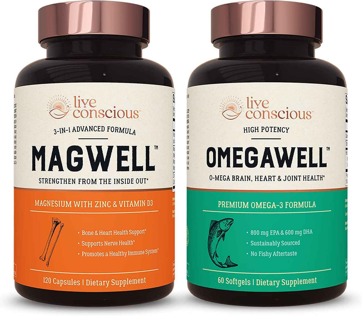 Live Conscious OmegaWell Fish Oil & MagWell Magnesium Zinc & Vitamin D3 - Bone & Heart Health, Immune System Support + Heart, Brain & Joint Support