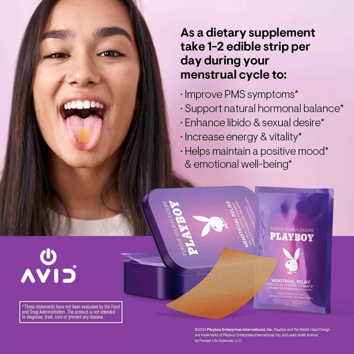 AVID Playboy - Menstrual Relief PMS Oral Strips (30 Edible Strips) Fast Dissolving PMS Cramp Relief & Hormonal Balance Strips for Women - Lemon Ginger Flavored Multi-Benefit PMS Supplement for Women AvidBuy Supplements Australia