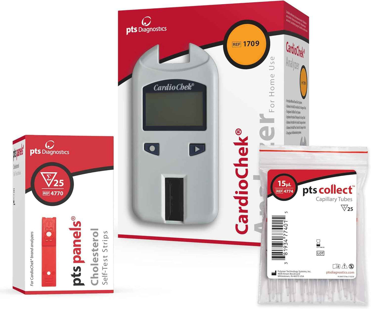 CardioChek Cholesterol Home Test System Bundle, Fast 45-Second Testing - CardioChek At-Home Analyzer, PTS Panels Cholesterol At-Home Self-Test Strips (25 Tests), Capillary Tubes (25 Count)