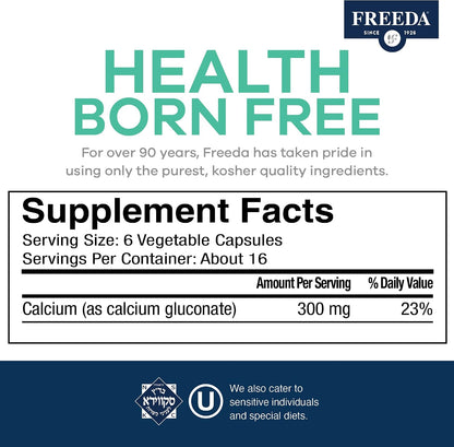 FREEDA Calcium Gluconate Supplement for Bone & Joint Support - 100 Capsules - Supports Teeth & Muscle Health - Pure Calcium w/o Vitamin D - Gentle on Stomach, Easy-to-Digest, Kosher, Vegan, Made in USA